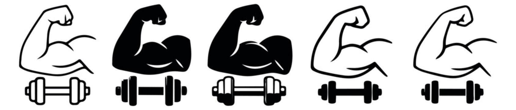 Minimalist gym icon set featuring flexing biceps and dumbbells for strength training and workout designs