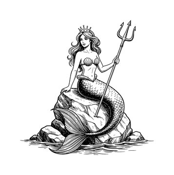 Majestic mermaid queen with crown and trident sitting gracefully on ocean rocks in vintage line art