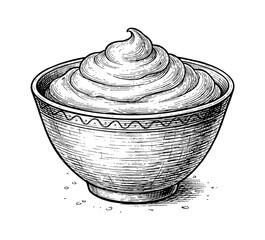 Fototapeta premium A bowl of rich creamy dessert topping in an intricate detailed vintage engraving style illustration