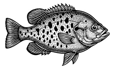 Fototapeta premium Detailed black and white engraving illustration of a freshwater fish with scales and fins isolated on white