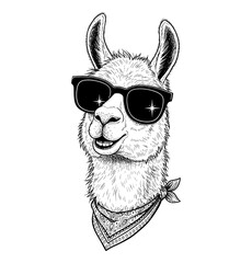 Obraz premium A cool llama wearing sunglasses and a bandana smiling with a confident expression in a detailed black and white illustration