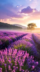 Fototapeta premium Field of purple blooms bathed in soft sunrise light