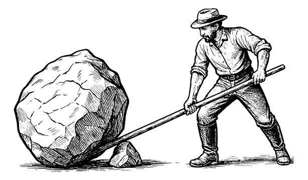 Determined man worker using leverage with a pole to move a heavy rock showing hard labor and effort