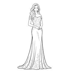 Fototapeta premium Beautiful Caucasian woman in elegant off shoulder lace gown with long wavy hair and calm expression