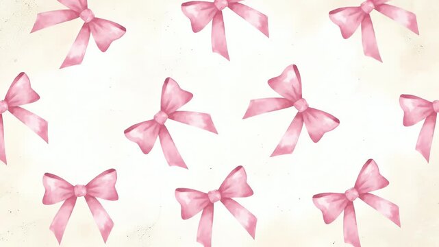 Delicate Repeating Pattern of Soft Pink Ribbon Bows Scattered Across a White Background