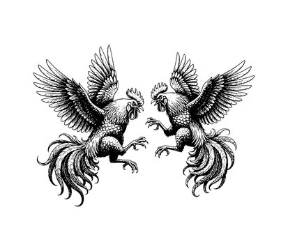 Furious fighting roosters illustration with spread wings and open beaks ready to attack black and white