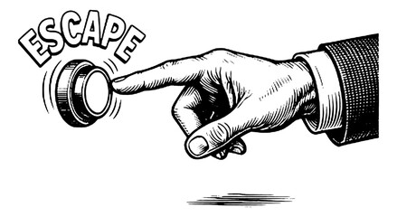 Person's hand in a suit cuff urgently pressing an escape button with the word ESCAPE clearly visible