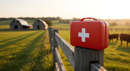 First Aid Kit Stands on Fence near Farm with Brown Cows in Pasture