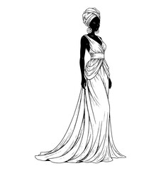 Fototapeta premium Elegant African Woman Posing in a Long Flowing Gown with a Stylish Turban and Large Earrings in Line Art