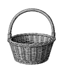 Woven Wicker Basket with Handle in Detailed Engraving Style Black and White Outline Isolated on White