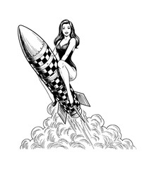 Caucasian pinup woman smiling happily riding a launching checker patterned rocket with smoke trails
