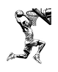 African American male basketball player vigorously dunking the ball into the hoop with intense focus