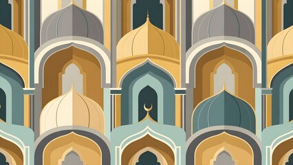 Intricate islamic architecture with symmetrical domes and arches