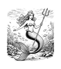 Confident mermaid queen holding a trident swimming undersea with fish and coral in a detailed fantasy illustration