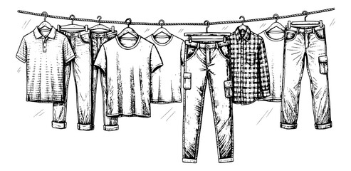 Clothesline with Various Men's Garments Hanging to Dry Including T-shirts Polo Shirt and Jeans Detailed Line Art