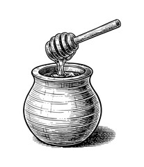 Vintage Engraving of a Honey Pot with a Dipper Dripping Sweet Golden Liquid Isolated on White Background