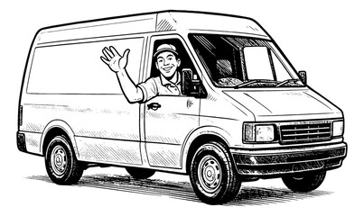 Happy Caucasian Man Waving From Delivery Van Window Smiling Driver in Detailed Line Art Illustration