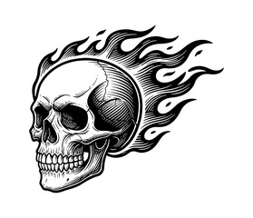 Fiery Skull Illustration with Burning Flames Engraved Style Black and White Outline Drawing Design Element