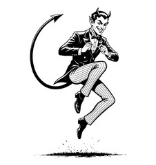 Mischievous Devil Man in Tuxedo with Horns and Tail Jumping and Smiling Playfully Black and White Illustration