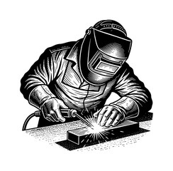 Professional welder focused on work creating bright sparks in protective gear black and white illustration