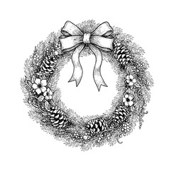 Christmas Wreath with Pine Branches Pinecones Berries Flowers and a Bow Detailed Line Art Drawing