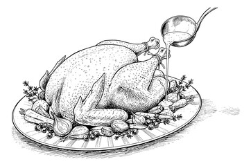 Roasted Chicken or Turkey on Platter with Vegetables Being Basted by Gravy in Detailed Line Art Engraving Style