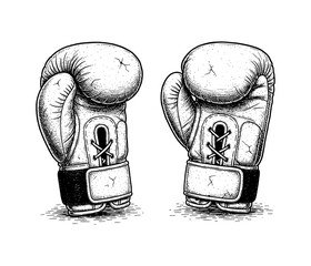 Vintage Boxing Gloves Engraved Illustration Black and White Pair of Sport Gear for Fight and Competition