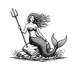 Mythical Mermaid Sitting on Rock Holding Trident with Flowing Hair in Detailed Black and White Illustration