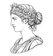Elegant Classical Woman Bust with Laurel Wreath and Flowers in Hair Serene Profile View Line Art