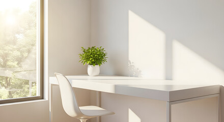 Fototapeta premium Minimalist Home Office Desk with Potted Plant Sunlight and Window View