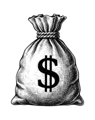 Classic money bag with dollar symbol in black and white detailed engraving style drawing