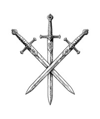 Detailed Black and White Vintage Illustration of Three Crossed Swords with Ornate Hilts and Blades
