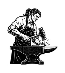 A strong determined man blacksmith striking metal on anvil with hammer sparks detailed black white illustration