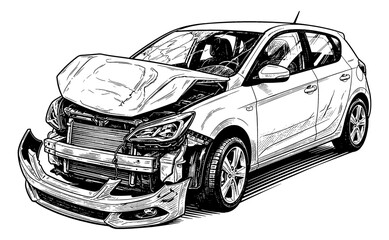 A severely damaged white hatchback car with a crumpled hood and detached bumper after an accident in a detailed line art illustration