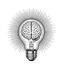 Human Brain Inside a Light Bulb with Bright Idea Rays in Vintage Style Outline Line Art Drawing Black and White