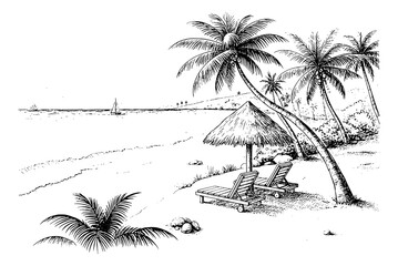Tropical Beach Landscape with Swaying Palm Trees Straw Umbrella and Lounge Chairs by Ocean Waves