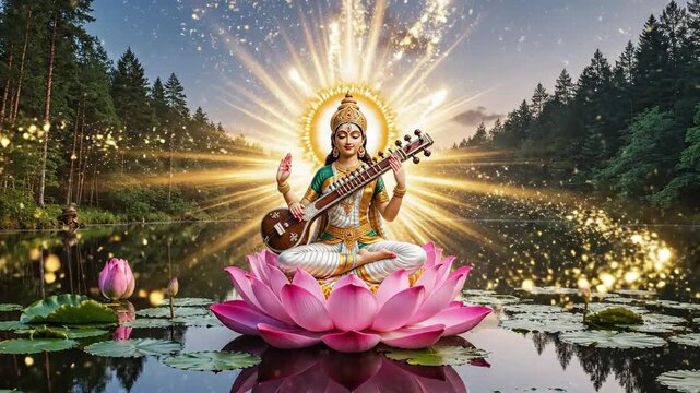 Vibrant goddess saraswati plays the veena on a pink lotus, radiating divine golden light over a tranquil lake for vasant panchami.