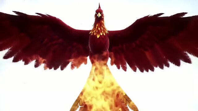 Dramatic red parrot with wings fully spread perched above a golden yellow bird against a stark white background in a studio shot