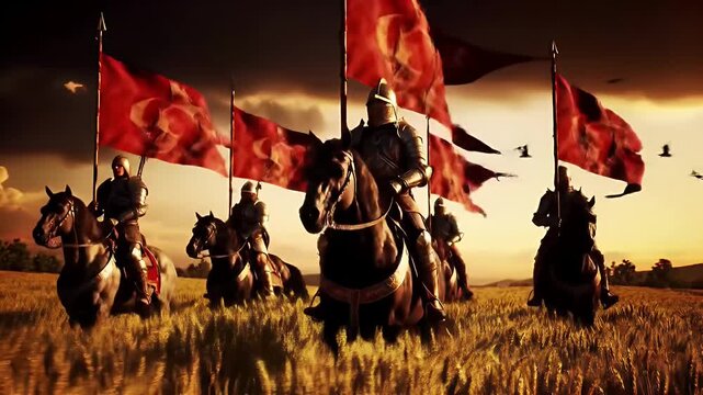 Dramatic Sunset Scene Featuring Armored Knights on Horseback Leading a Bannered Cavalry across a Golden Field