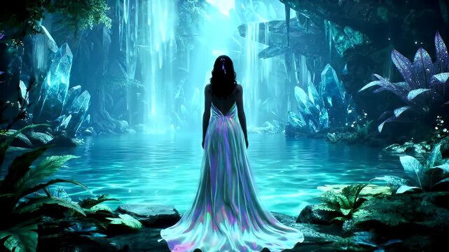 Dreamlike blue-lit cavern of crystal flora where a solitary woman glows in a flowing ethereal gown