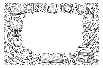 Obraz premium Hand drawn line art school frame set featuring books, globe, and various education elements for back to school and academic projects