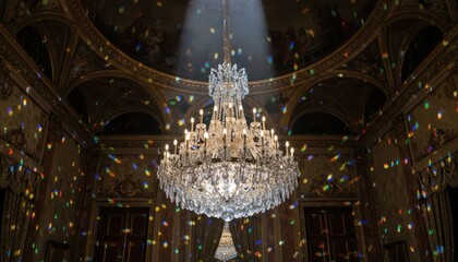 Sparkling chandelier hangs beneath ornate ceiling, creates light patterns in elegant ballroom, providing luxurious, festive, and inviting mood.