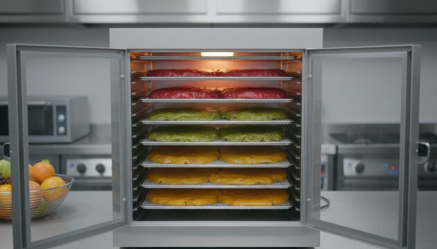 Dehydrator appliance full of colorful fruit and vegetables drying in a brightly lit contemporary kitchen setting, close-up view showcasing food preparation.