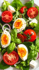 Bright salad featuring tomatoes, eggs, greens, cheese, and onions, viewed from above, showcasing vibrant colors