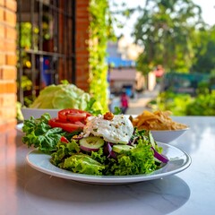 Bright salad with greens, tomato, and cheese on a white marble table with an outdoor background