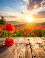 Bright, scenic view of red poppies in field under golden sunset sky, focused on rustic wooden plank foreground