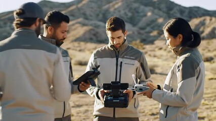 An aerial drone video of a diverse team (3-4 individuals) of professional field researchers in modern technical apparel, analyzing data on tablets and operating a drone on a vast, sun-drenched arid - Powered by Adobe