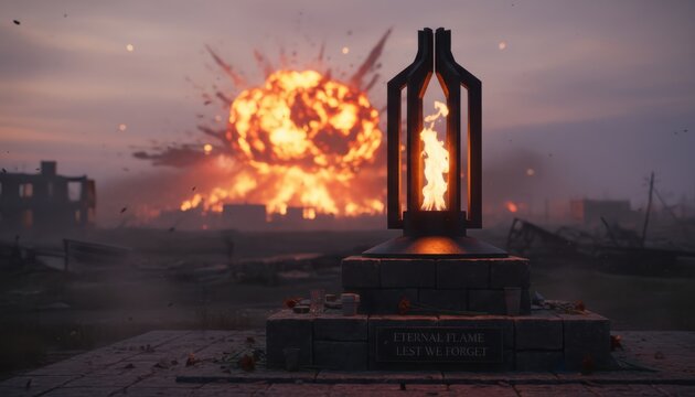 Memorial flame burns brightly against background of a huge atomic bomb explosion. End of the world realistic photorealistic rendering apocalypse