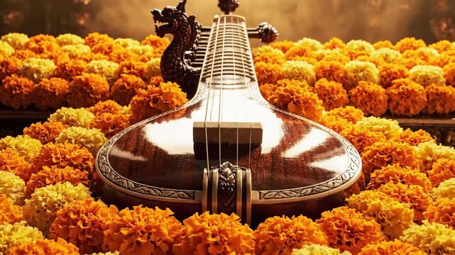 Close-up of the veena, representing saraswati, resting among golden marigold flowers for basant panchami.