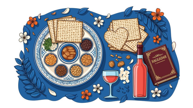Passover Seder Plate with Matzah, Wine, and Haggadah for Jewish Holiday Celebration
